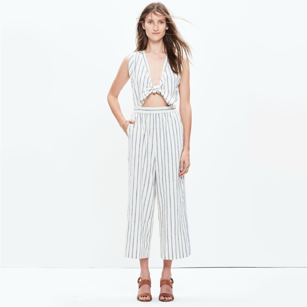 Madewell Blue and White Jumpsuit with Tie front Cutout Detail